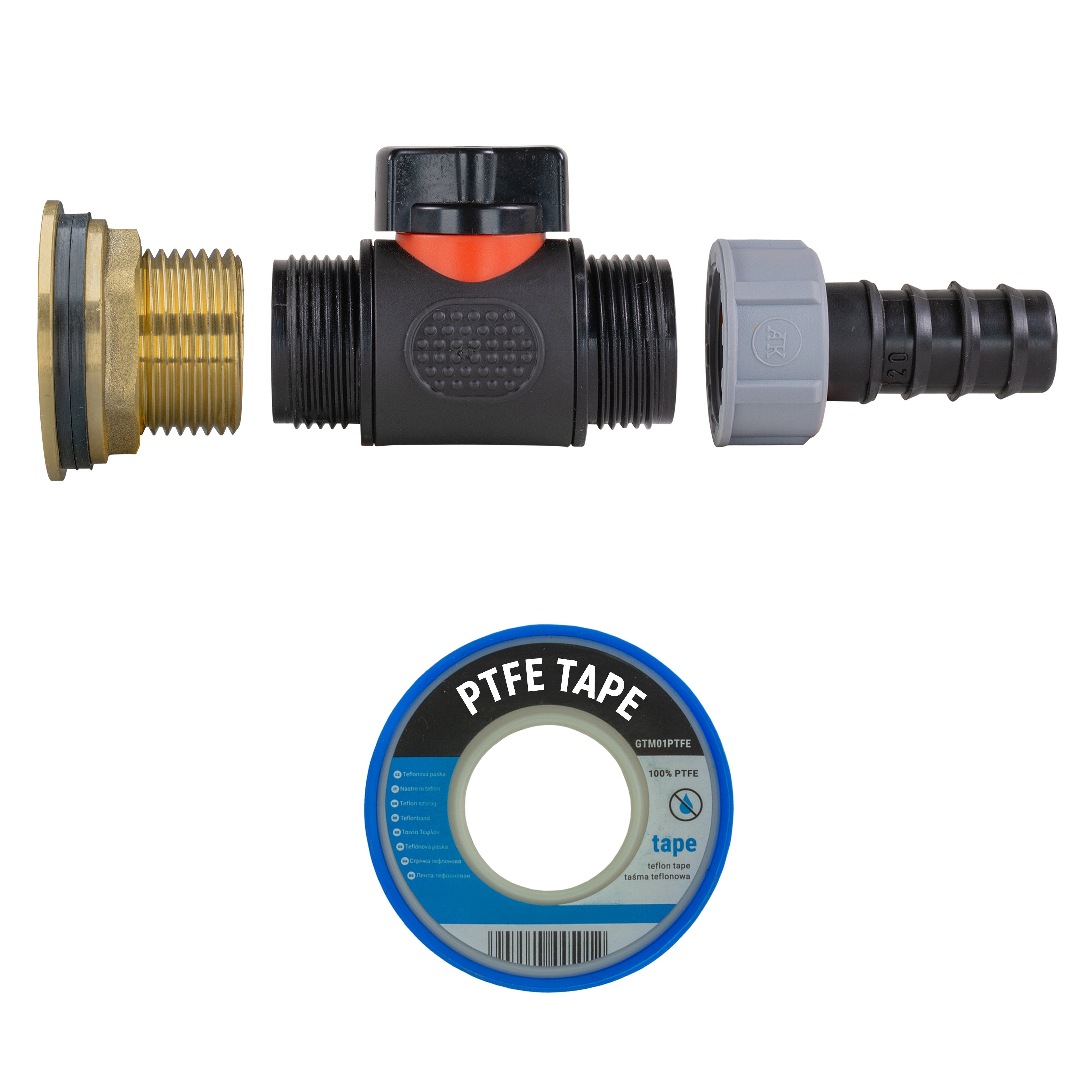 Water Butt Brass Kit 1" with In-Line Valve + 20mm Barb