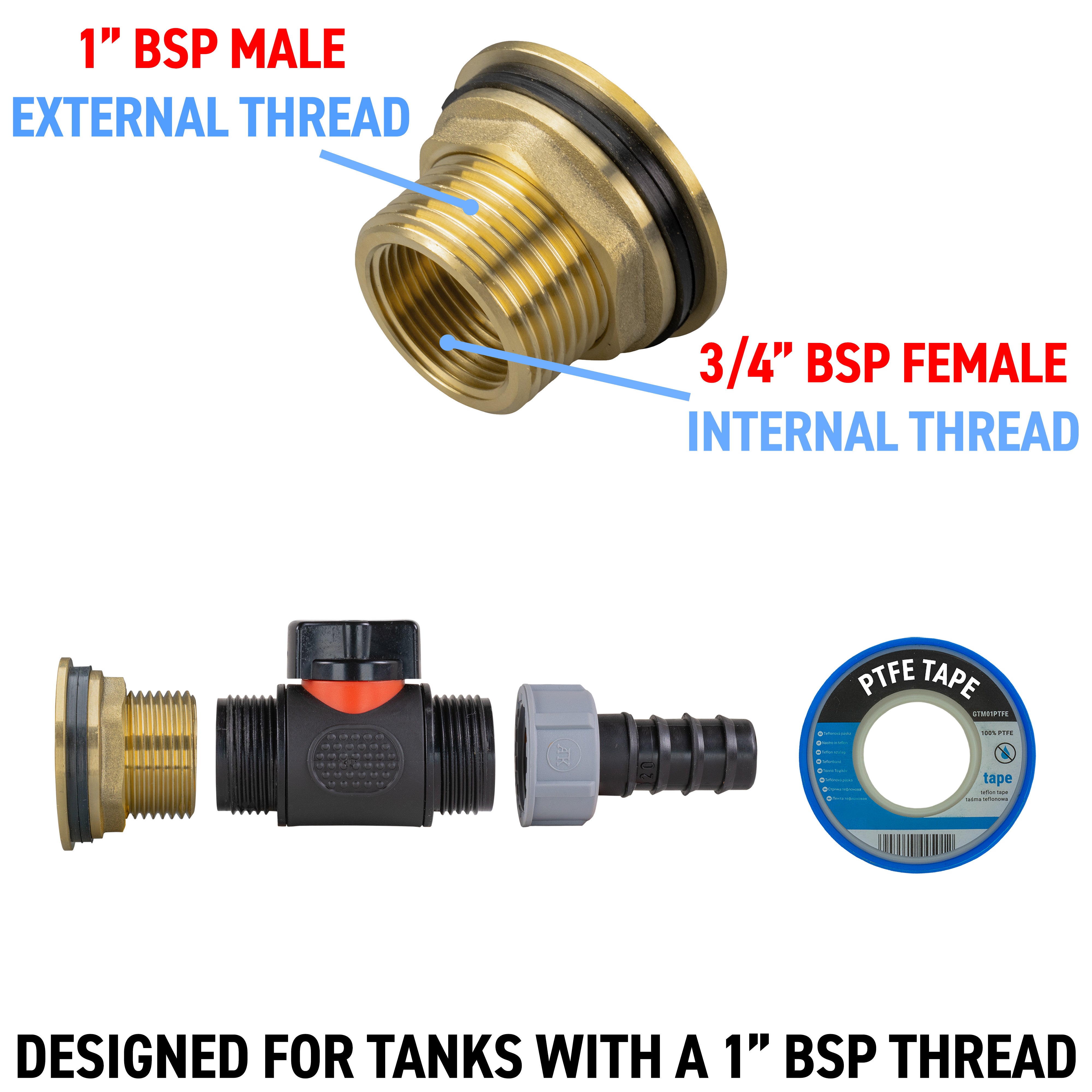 Water Butt Brass Kit 1" with In-Line Valve + 20mm Barb