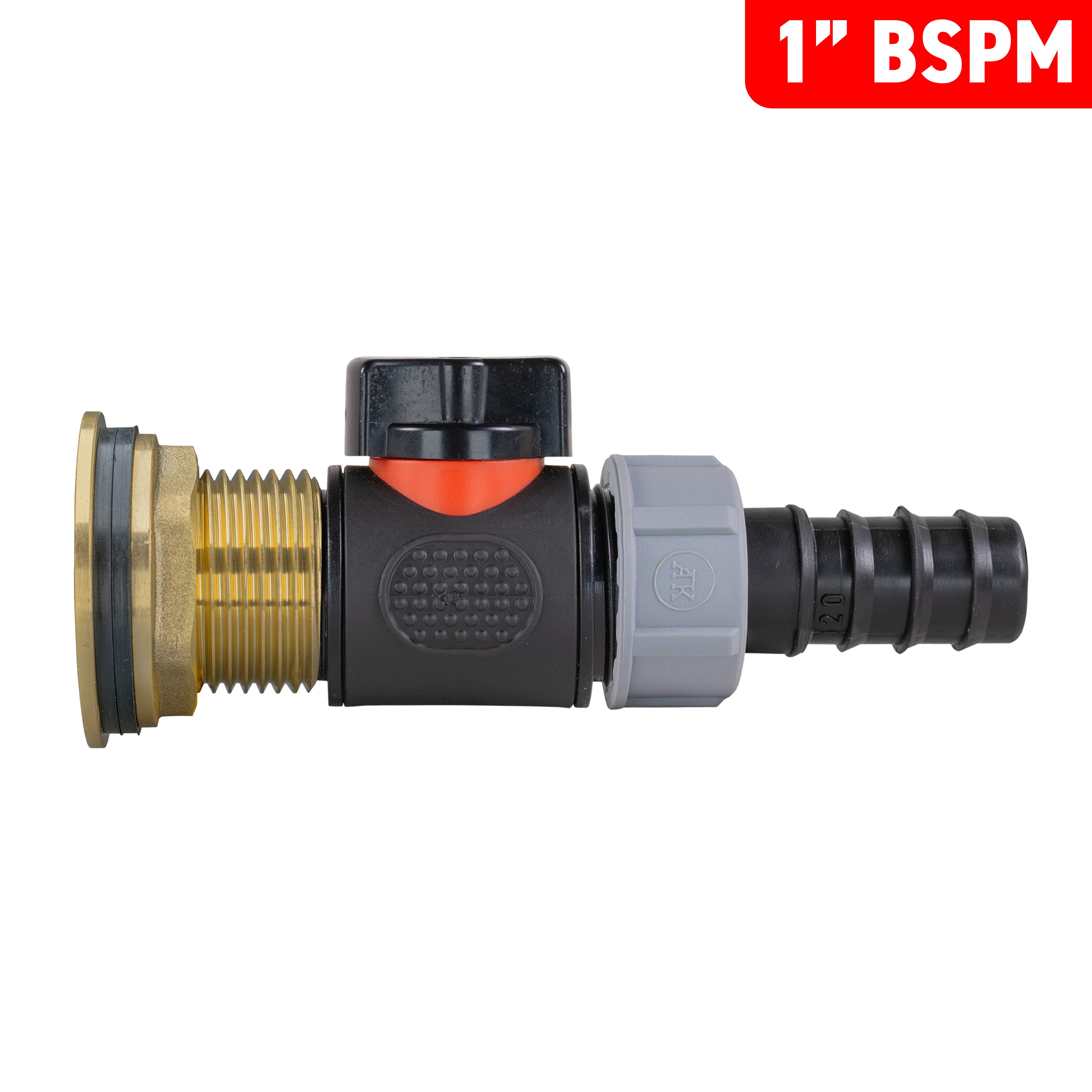 Water Butt Brass Kit 1" with In-Line Valve + 20mm Barb