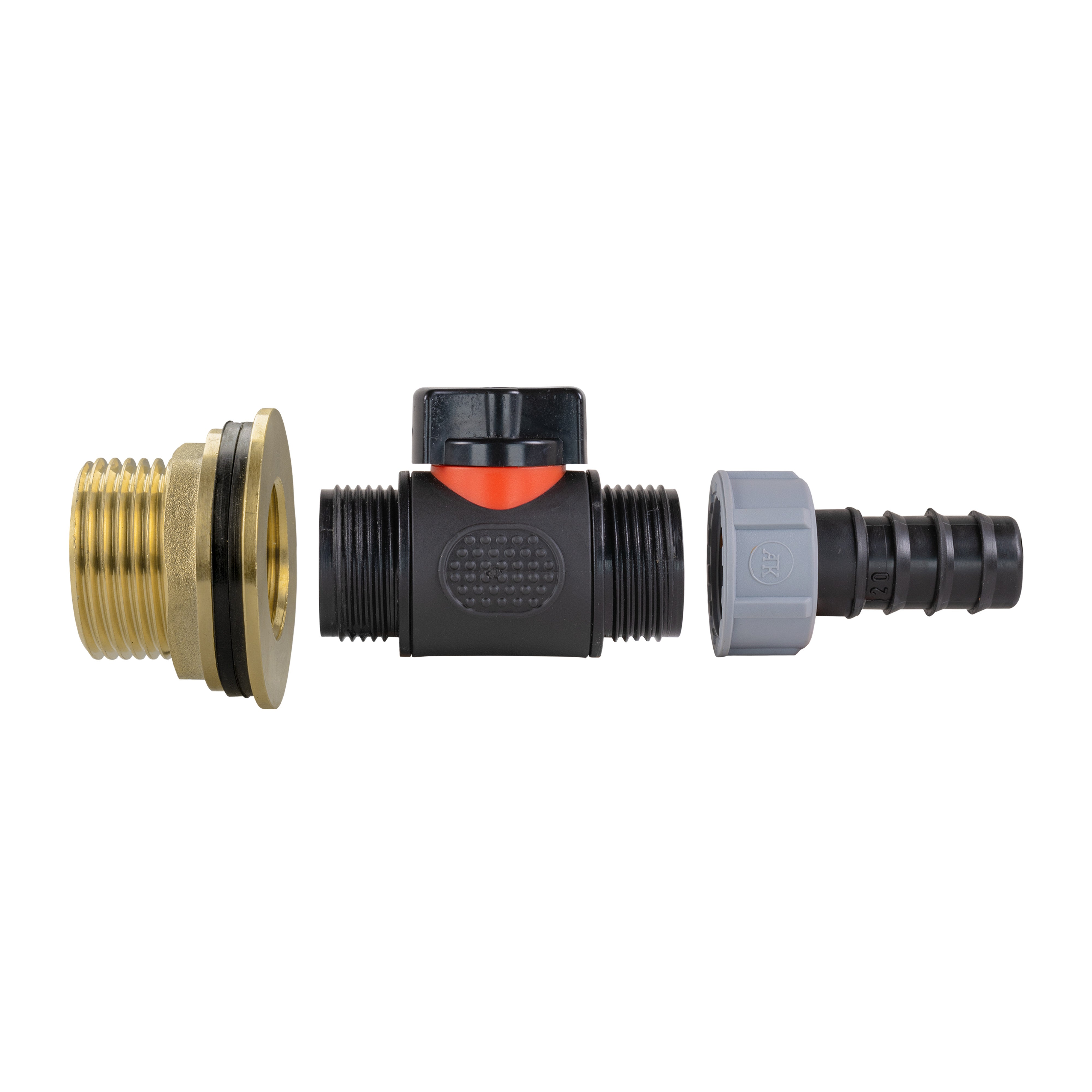 Water Butt Brass Kit 1" with In-Line Valve + 20mm Barb