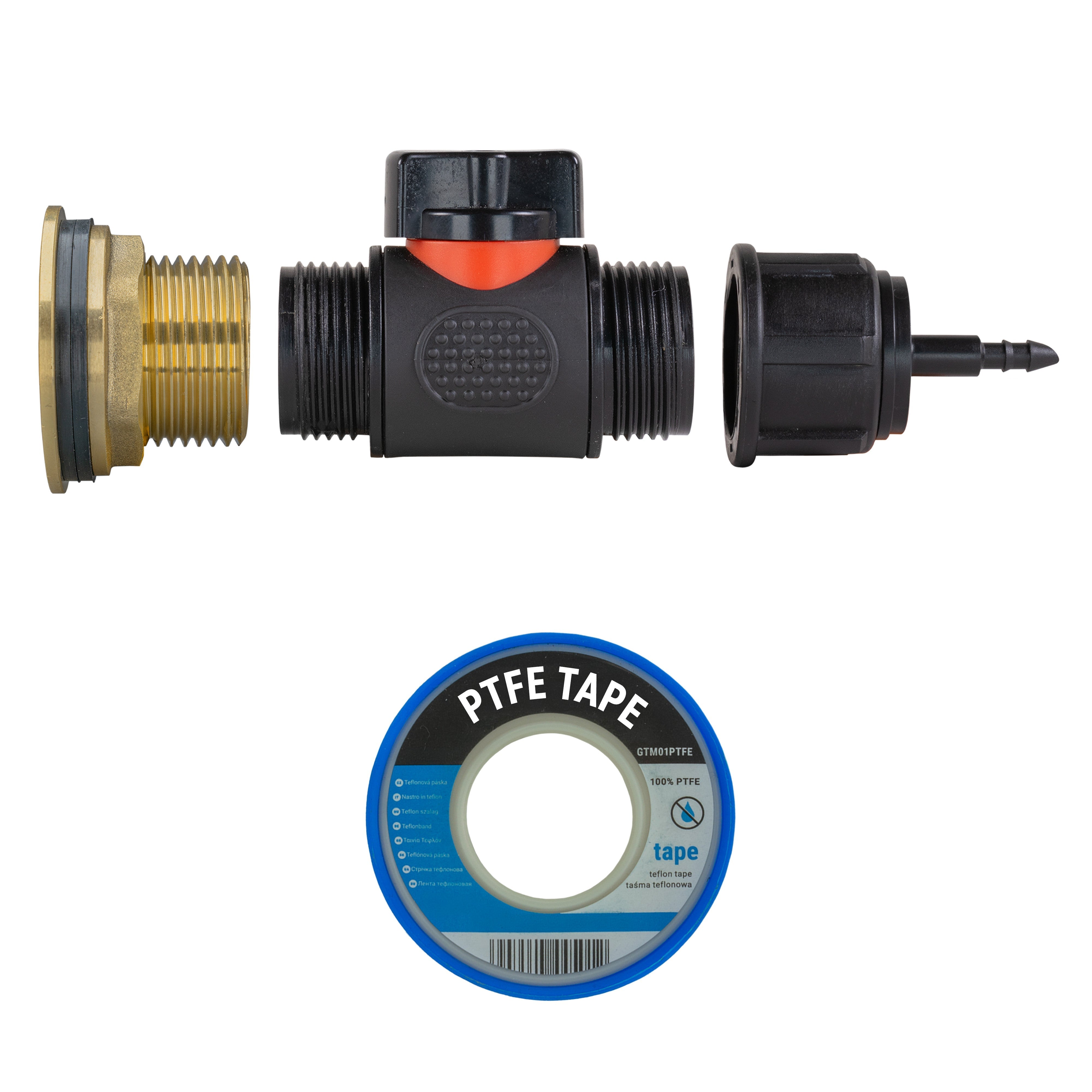Water Butt Brass Kit 1" with In-Line Valve + 4mm Barb