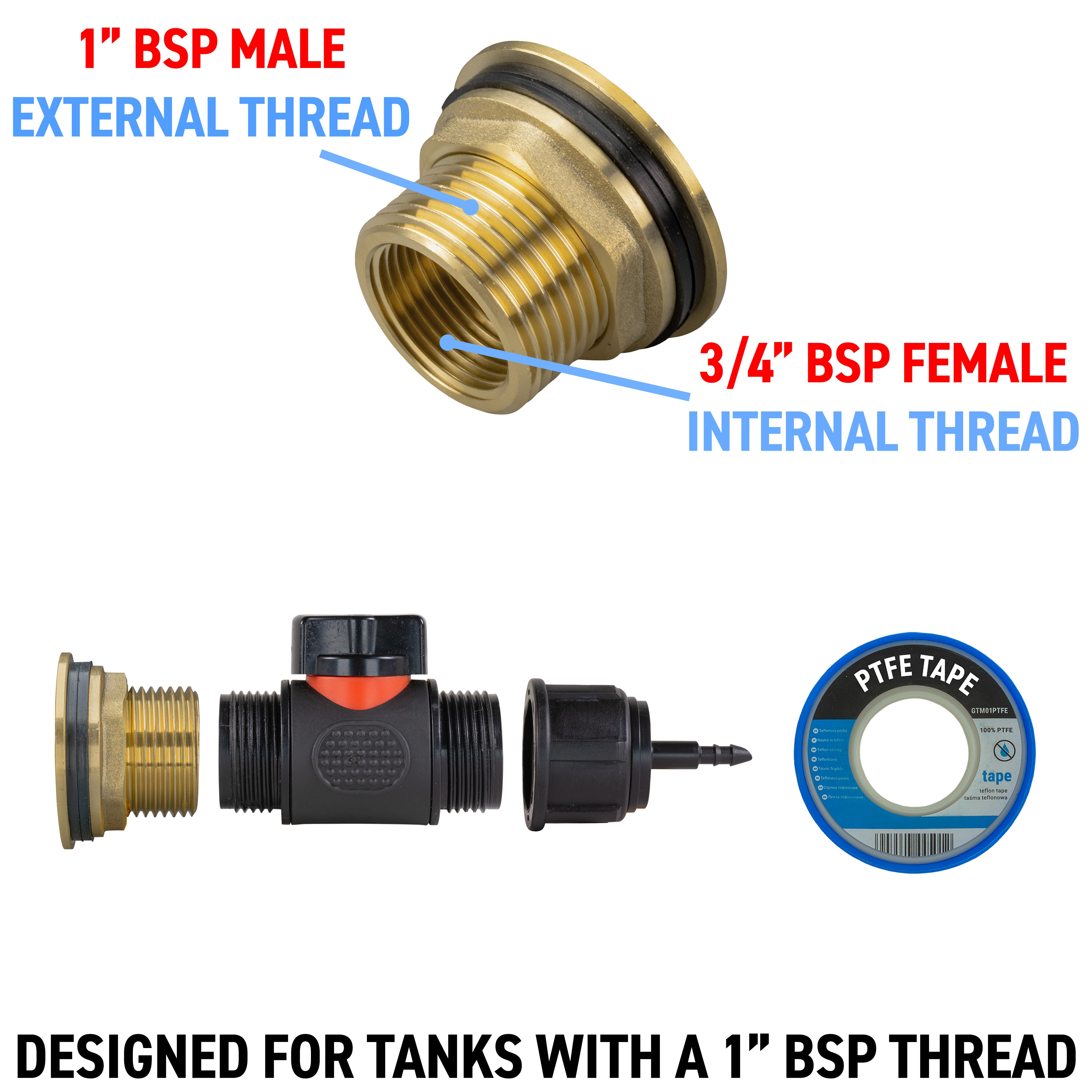 Water Butt Brass Kit 1" with In-Line Valve + 4mm Barb