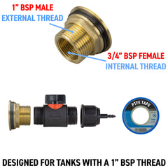 Water Butt Brass Kit 1" with In-Line Valve + 4mm Barb