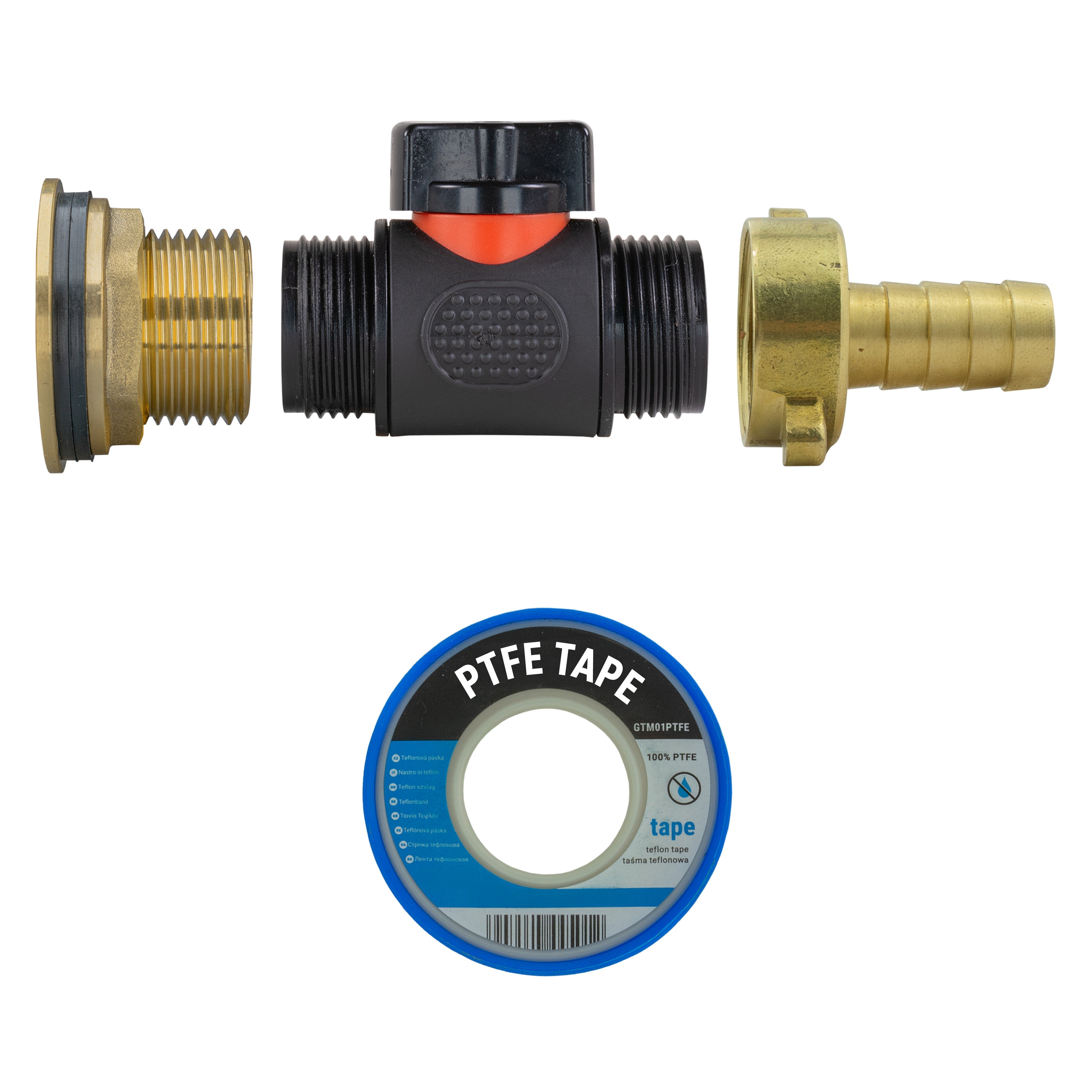 Water Butt Brass Kit 1" with In-Line Valve + 1/2" Brass Barb and Drill Bit