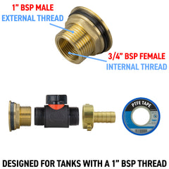 Water Butt Brass Kit 1" with In-Line Valve + 1/2" Brass Barb and Drill Bit