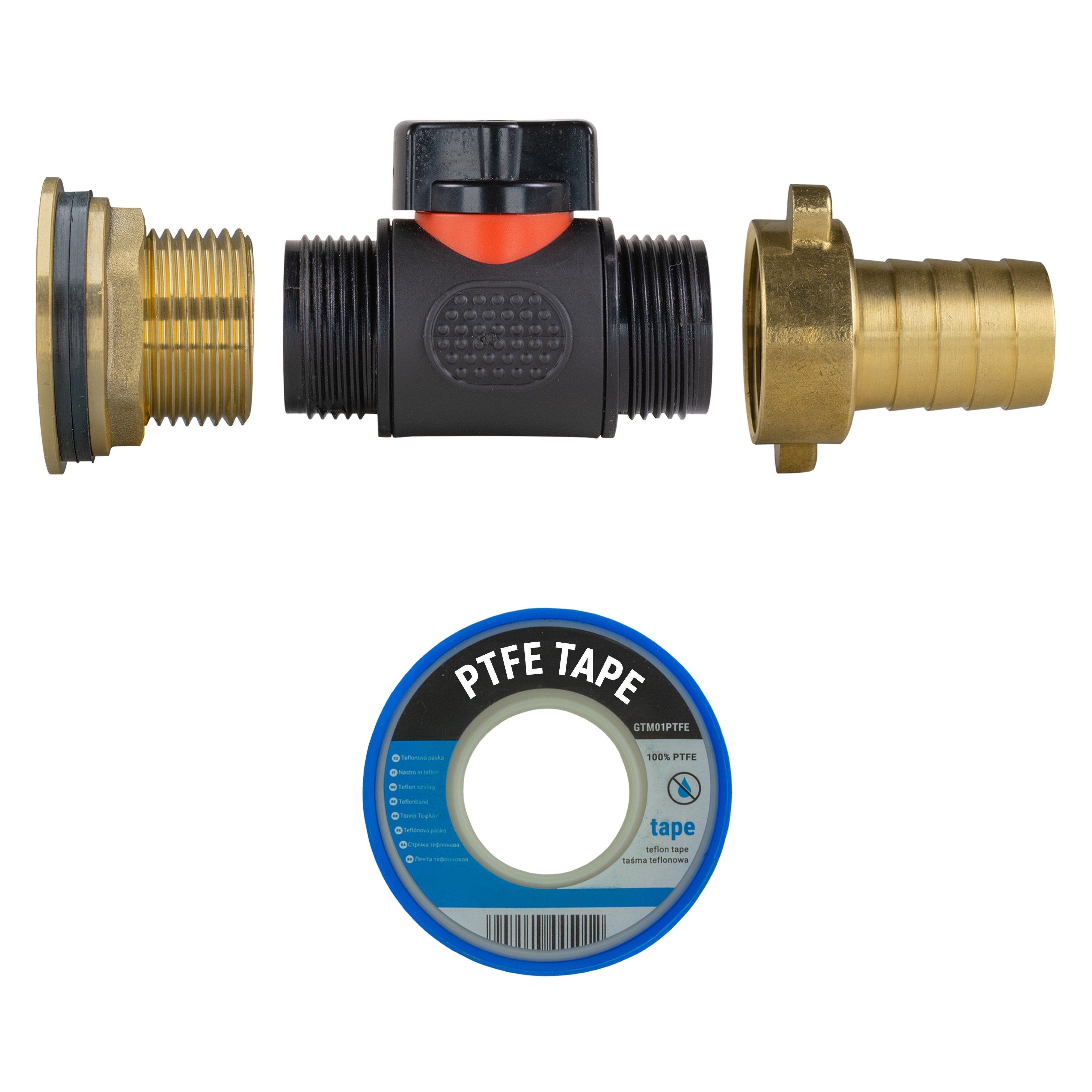 Water Butt Brass Kit 1" with In-Line Valve + 3/4" Brass Barb