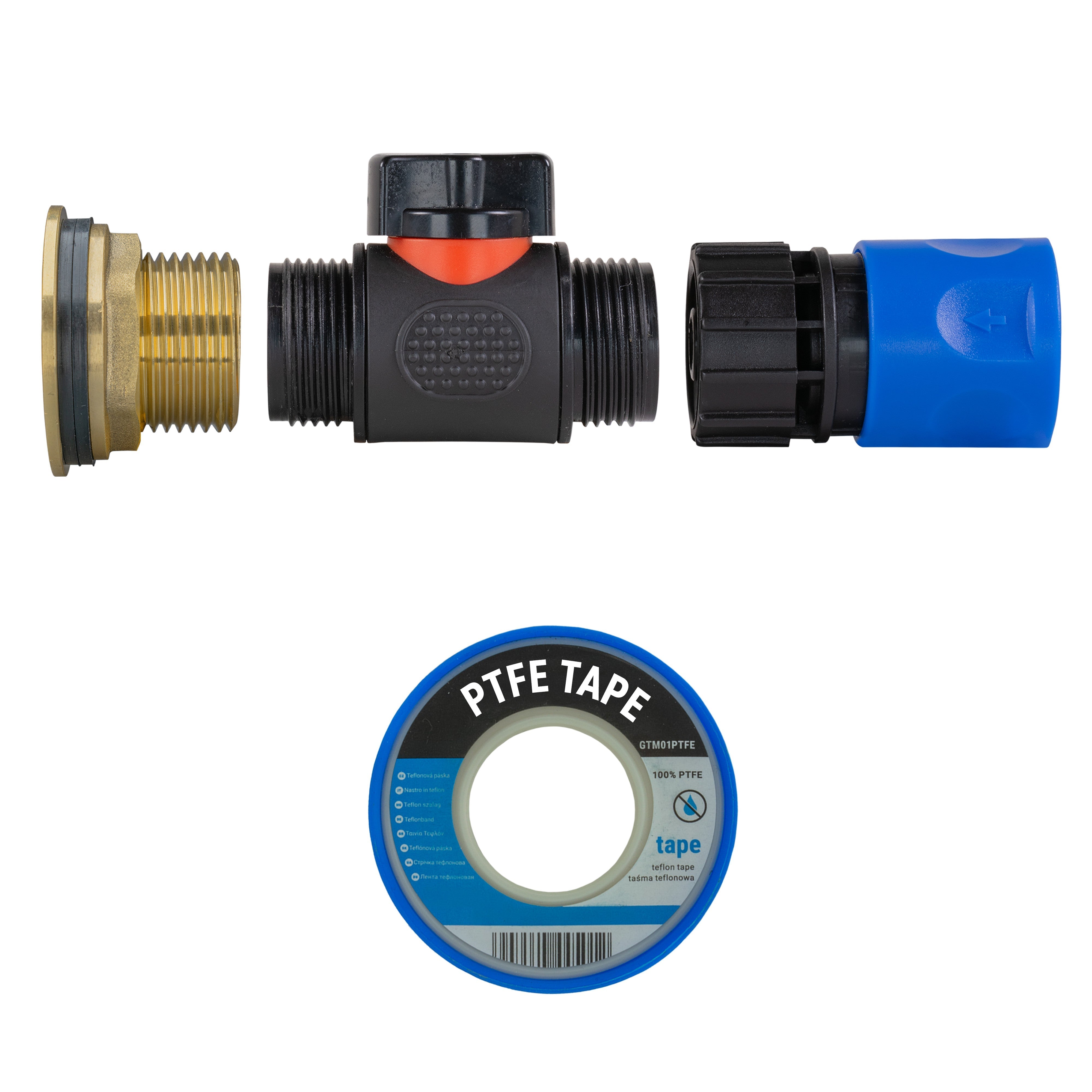 Water Butt Brass Kit 1" with In-Line Valve + Female Quick Connector Blue