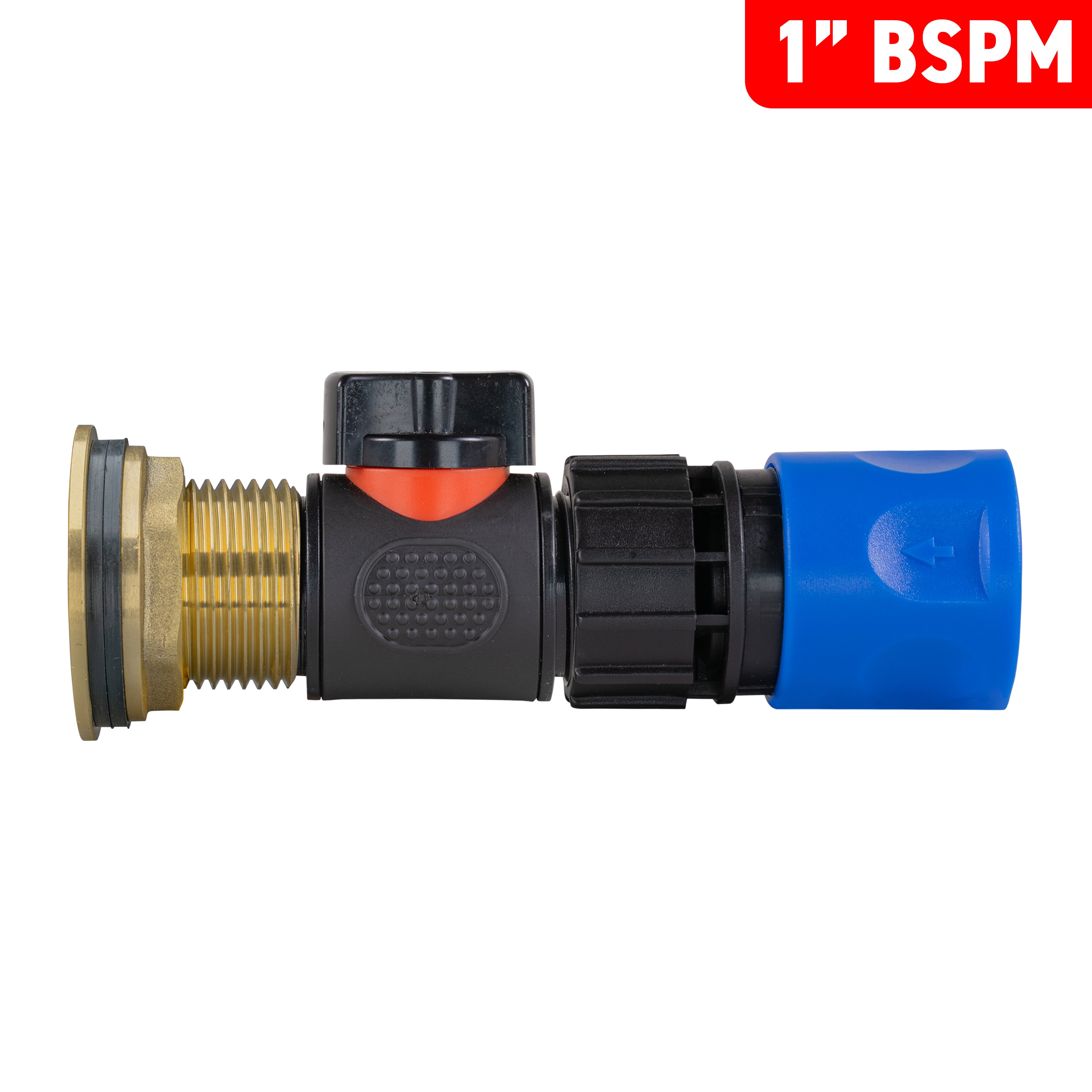 Water Butt Brass Kit 1" with In-Line Valve + Female Quick Connector Blue