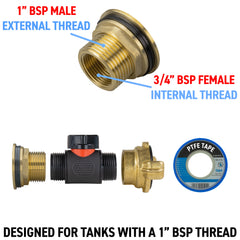 Water Butt Brass Kit 1" with In-Line Valve + Geka
